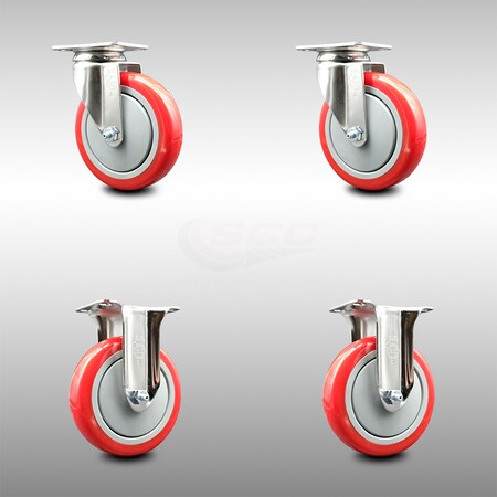 Service Caster 5 Inch 316SS Red Polyurethane Wheel Swivel Top Plate Caster Rigid SCC, 2PK SCC-SS31620S514-PPUB-RED-2-R-2